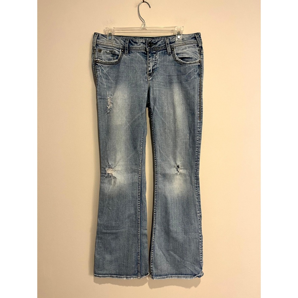 Silver Jeans Y2K Aiko Bootcut Low Rise Light Wash Distressed Denim Women 31